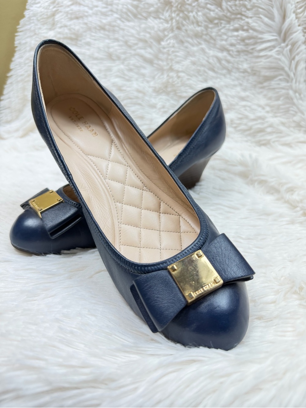 Cole Haan Navy Leather Bow Block Heel Pumps with Gold Plaque